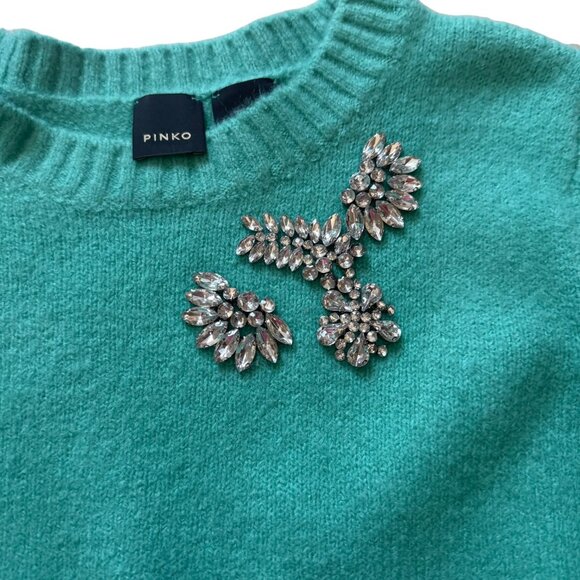 Pinko Teal Blue Sweater knit W Rhinestones Embellished crew neck S small - Picture 4 of 8
